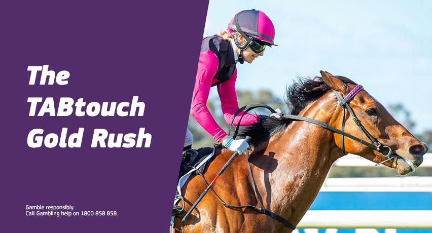 Pack of racehorses thundering down the straight in a TABtouch-style horse racing event